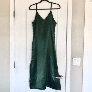 Green satiny midi slip dress by Olive Clothing